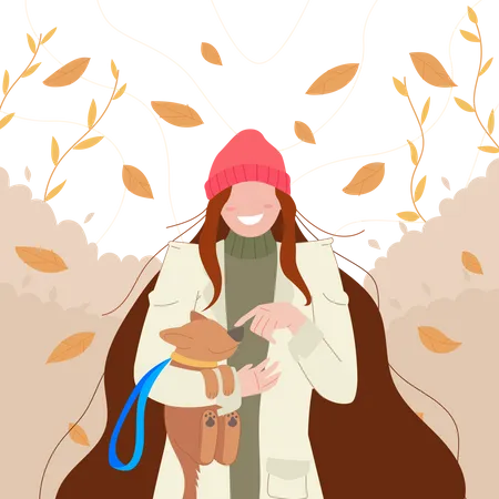 Free Girl walk in autumn with her dog Illustration