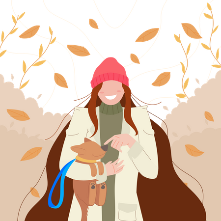 Free Girl walk in autumn with her dog  Illustration