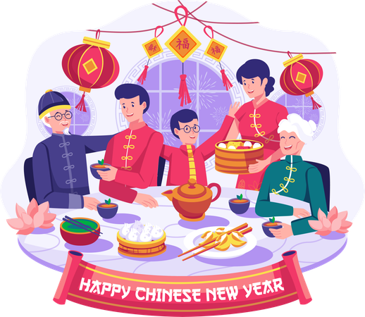 Free Happy Asian Family gathering is having a reunion dinner  Illustration