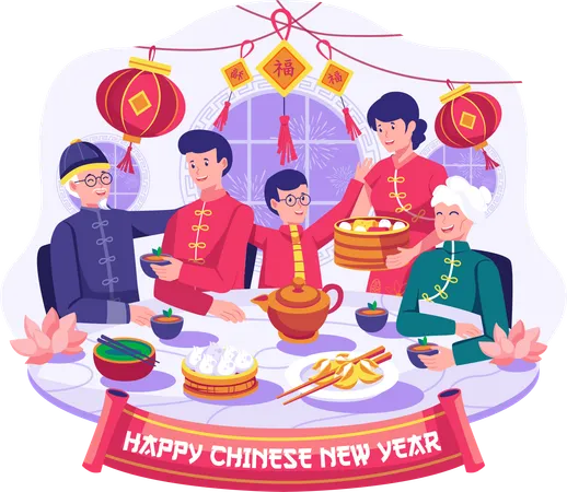 Free Happy Asian Family gathering is having a reunion dinner  Illustration