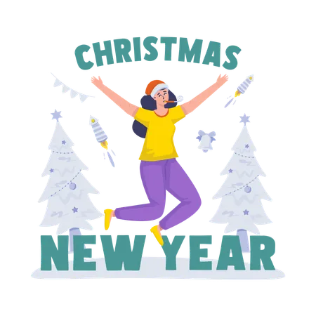 Free Happy Young Woman Celebrates Xmas And New Year Party Illustration Illustration