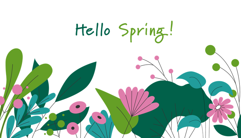Free 明るい花が咲いた「Hello Spring」バナー  イラスト
