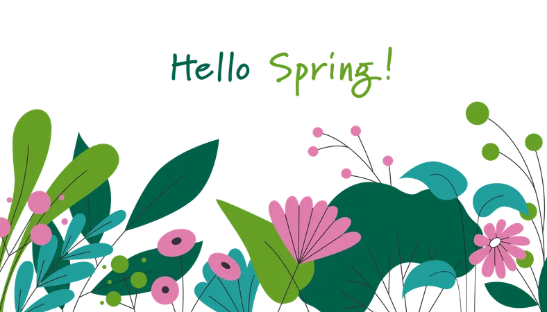 Free 明るい花が咲いた「Hello Spring」バナー  イラスト