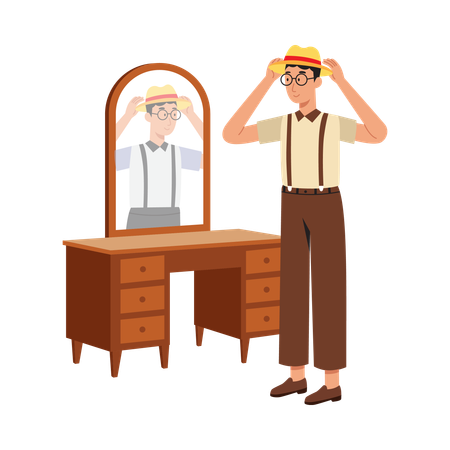 Free Homem olhando no espelho com chapéu e gravata  Ilustração