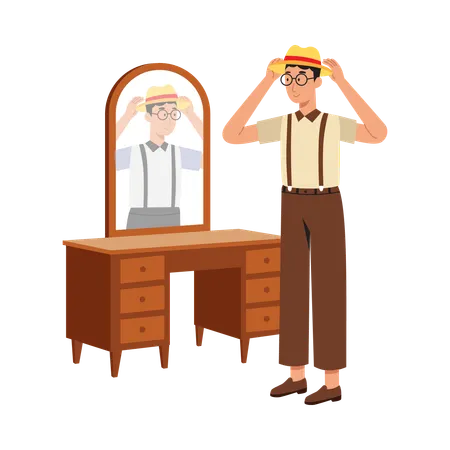 Free Homem olhando no espelho com chapéu e gravata  Ilustração
