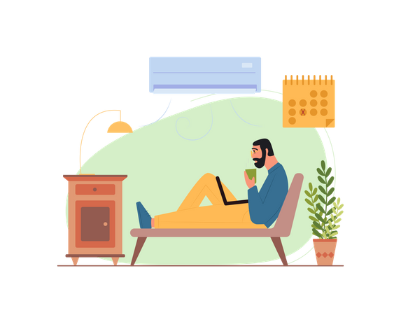 Free Homem trabalhando no laptop enquanto está sentado no sofá  Ilustração