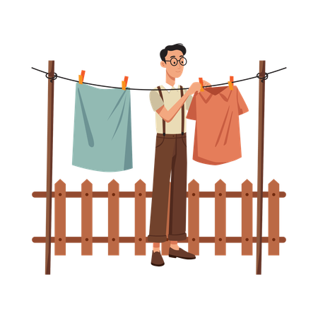 Free Homme étendant du linge sur une corde à linge  Illustration
