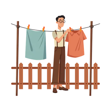 Free Homme étendant du linge sur une corde à linge  Illustration