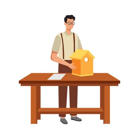 Free Un homme fabrique un ancien nichoir  Illustration