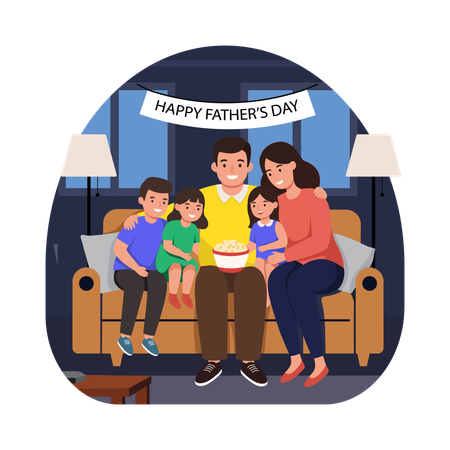Free Un homme passe une soirée cinéma en famille  Illustration