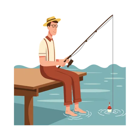 Free Homme pêchant au bord du lac dans un style rétro  Illustration