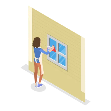 Free House cleaner cleaning windows of house  Illustration