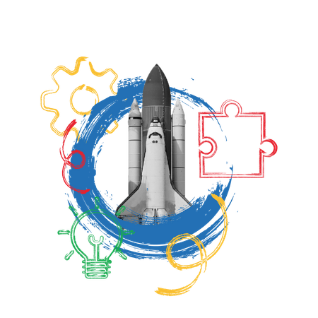 Free Ideia de inicialização de negócios com nave espacial para resolução de problemas e conceito de gerenciamento  Ilustração