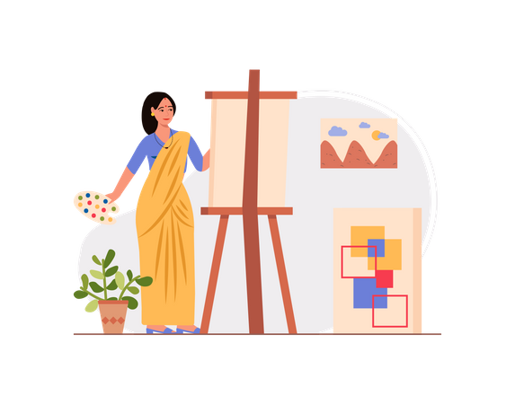 Free Indian Female painter painting  Illustration