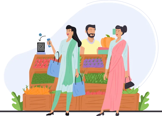 Free Indian girl paying vegetable bill through phone  Illustration