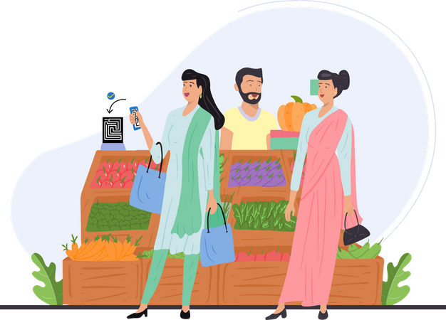 Free Indian girl paying vegetable bill through phone  Illustration