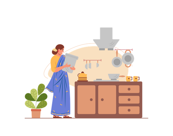 Free Indian housewife working in the kitchen  Illustration