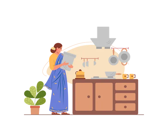 Free Indian housewife working in the kitchen  Illustration