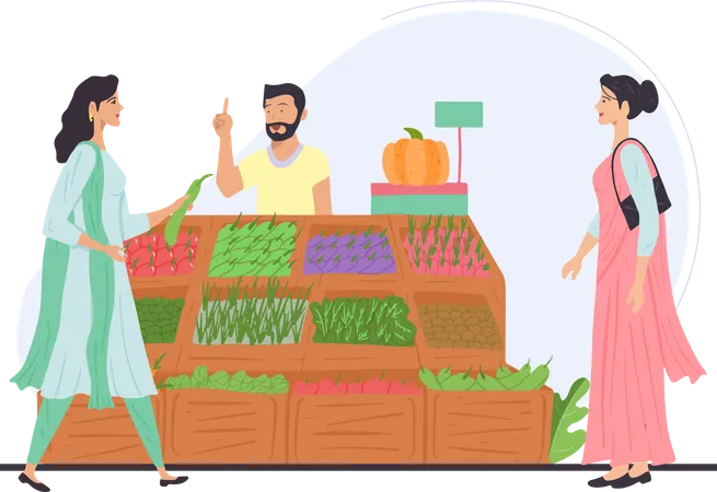 Free Indian lady buying vegetables from vendor  Illustration
