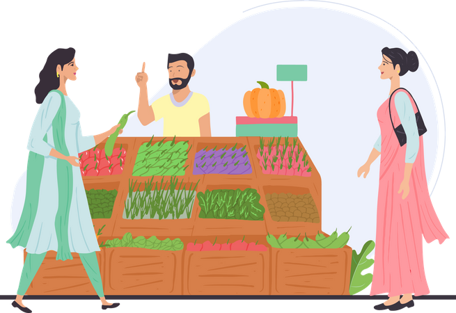 Free Indian lady buying vegetables from vendor  Illustration