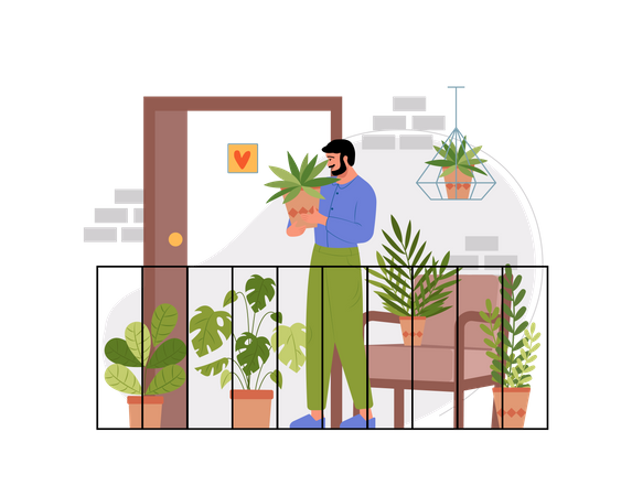 Free Indian man holding plant at the balcony of his house Illustration
