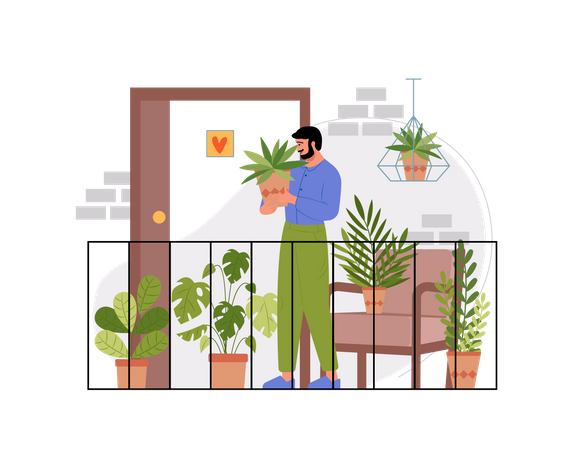 Free Indian man holding plant at the balcony of his house  Illustration