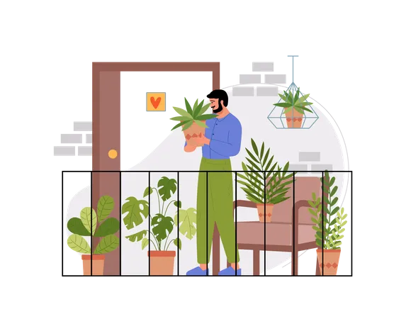 Free Indian man holding plant at the balcony of his house  Illustration