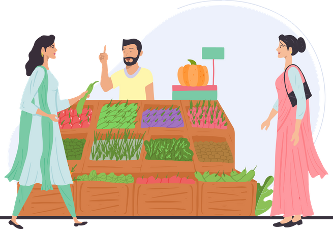 Free Indische Dame kauft Gemüse vom Händler  Illustration