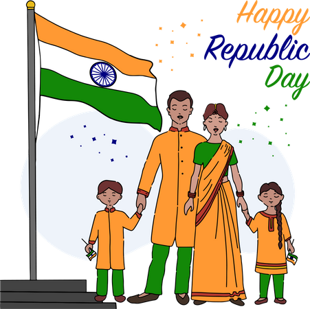 Free Indische Familie feiert den Tag der Republik mit dem Hissen der indischen Flagge  Illustration