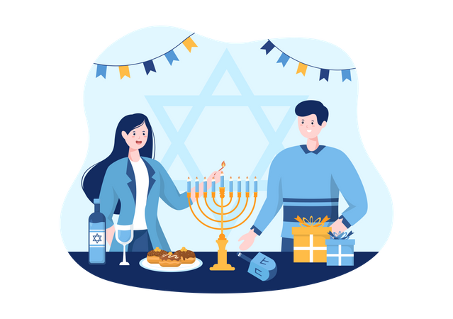 Free Jewish couple lighting hanukkah candle  イラスト