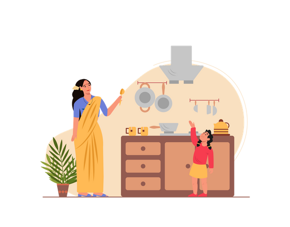 Free Lady cooking food with his kid  Illustration