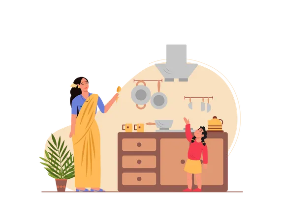 Free Lady cooking food with his kid  Illustration