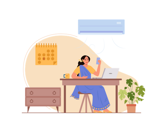 Free Lady holding mobile and attending video meeting while working on laptop Illustration