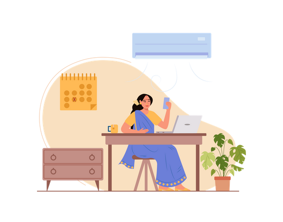 Free Lady holding mobile and attending video meeting while working on laptop  Illustration