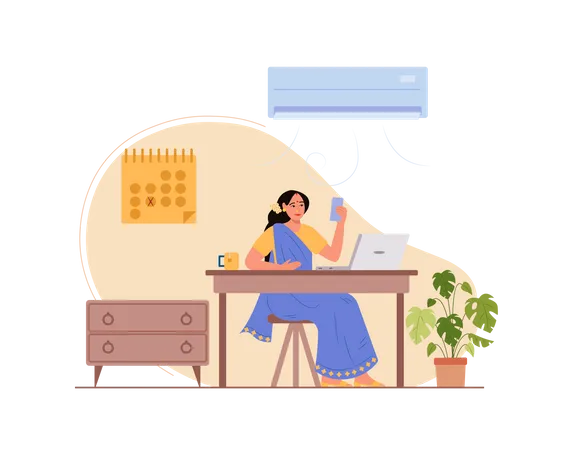 Free Lady holding mobile and attending video meeting while working on laptop  Illustration