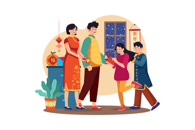 Free Famille chinoise lisant des lettres  Illustration