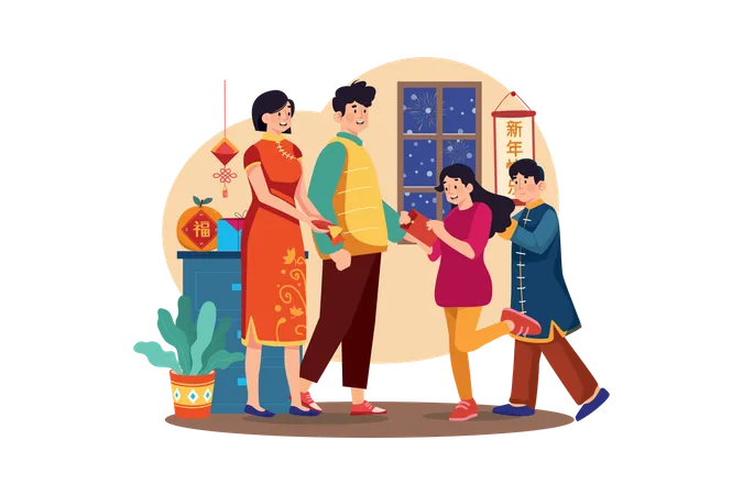 Free Famille chinoise lisant des lettres  Illustration