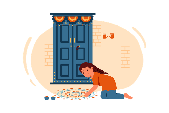 Free Little girl making rangoli  Illustration