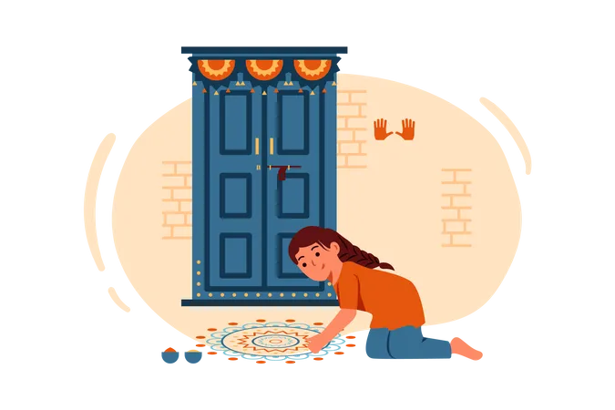 Free Little girl making rangoli  Illustration