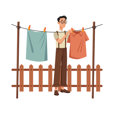 Free Man Hanging Laundry on Clothesline  Illustration