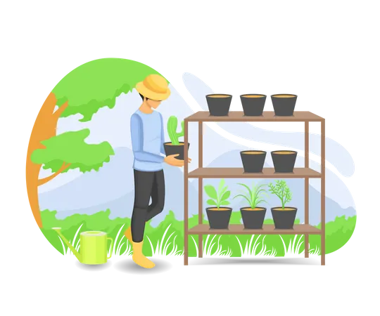 Free Illustration Of Farmer Growing Plants In Pots Or Polybags Illustration