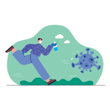 Free Man in Medical Mask with Spray in Attempt to Fight with Covid19 Virus Cells  イラスト