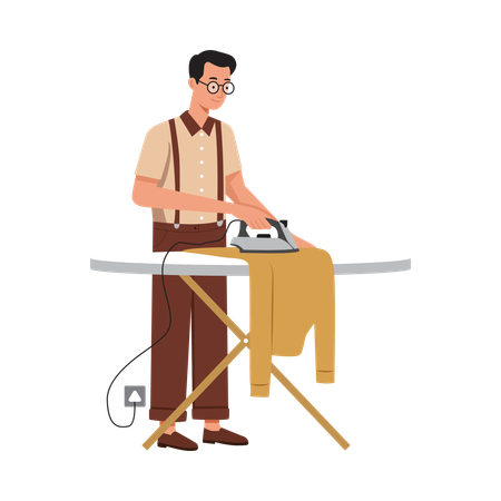 Free Man Ironing Clothes with Vintage Iron  Illustration