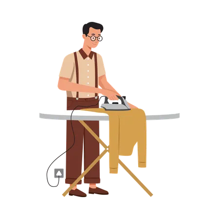 Free Man Ironing Clothes with Vintage Iron  Illustration
