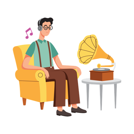 Free Man Listening to music on record player  Illustration