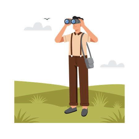 Free Man Looking Through Binoculars Outdoors  Illustration
