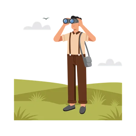 Free Man Looking Through Binoculars Outdoors  Illustration