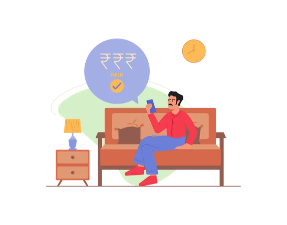 Free Man sitting on sofa paying his bills  Illustration