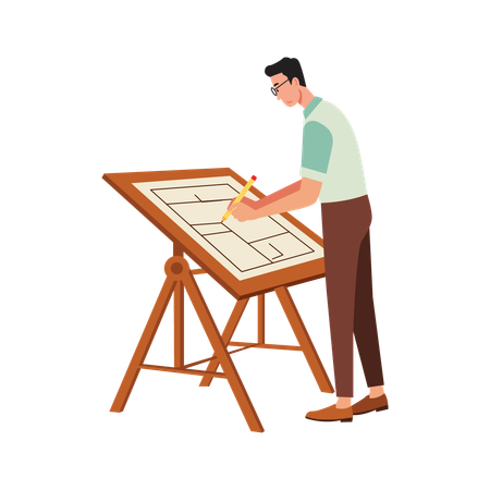 Free Man Sketching at drawing table  Illustration