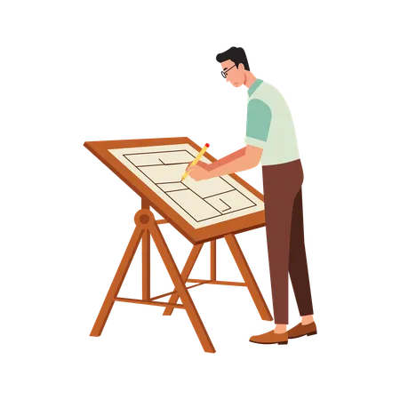 Free Man Sketching at drawing table  Illustration